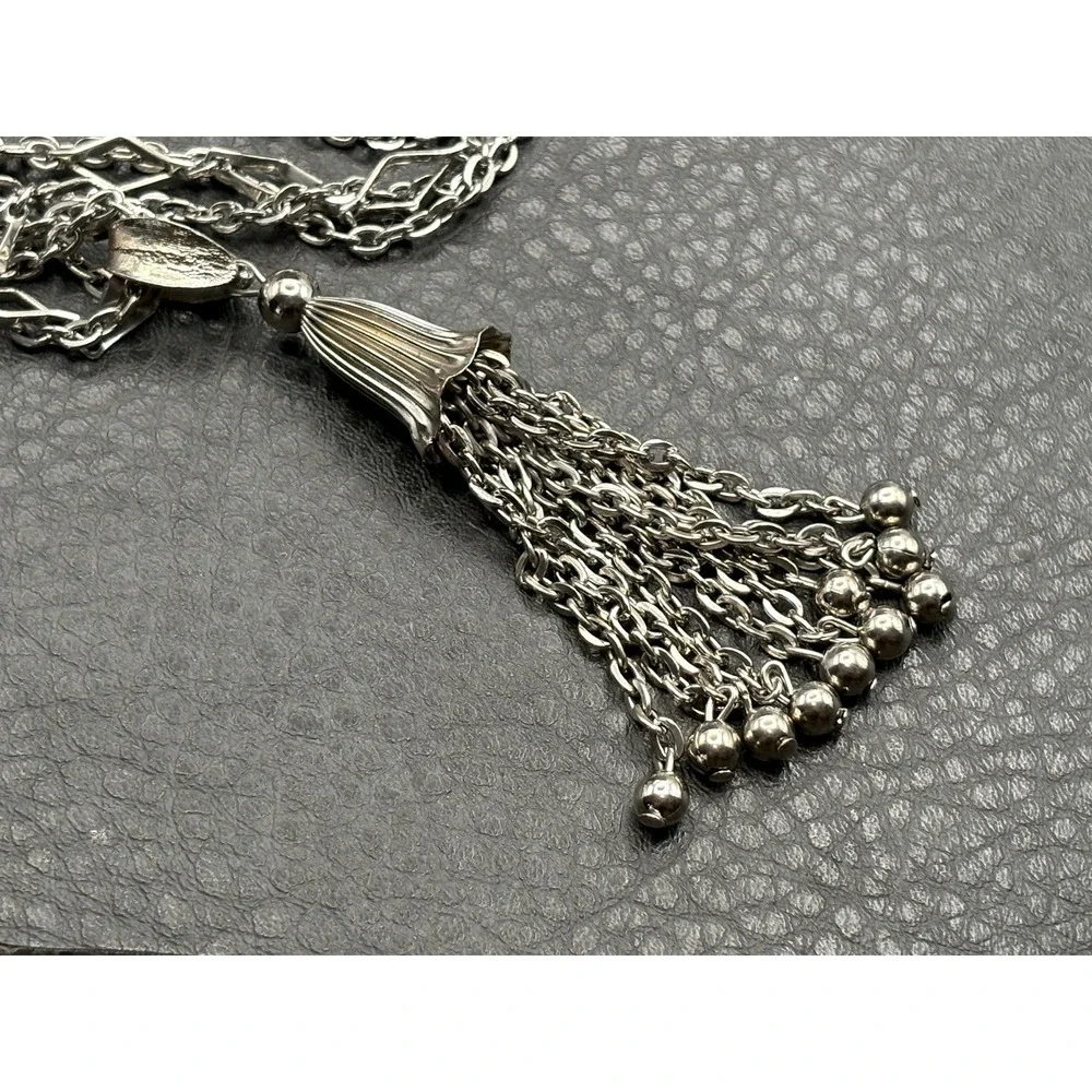 Vintage Silver Tone Tassel Fringe Pendant Necklace Multi Strand Beaded Chain 22